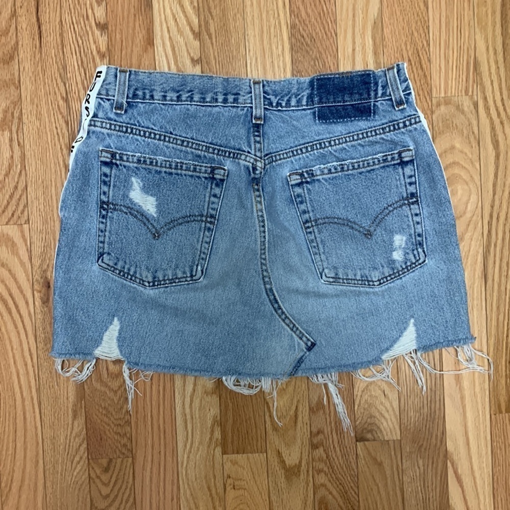FURST‎ OF A KIND Distressed Denim Skirt White Stripe Ripped Raw Hem Blue Jeans - Picture 2 of 6